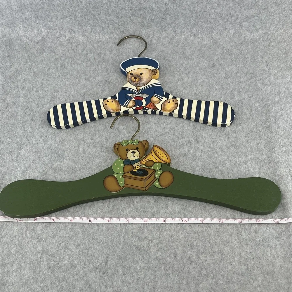 Teddy Bear Wooden Hangers Hand Painted 90s Kids Set‎ Of 2 Striped Nursery Decor